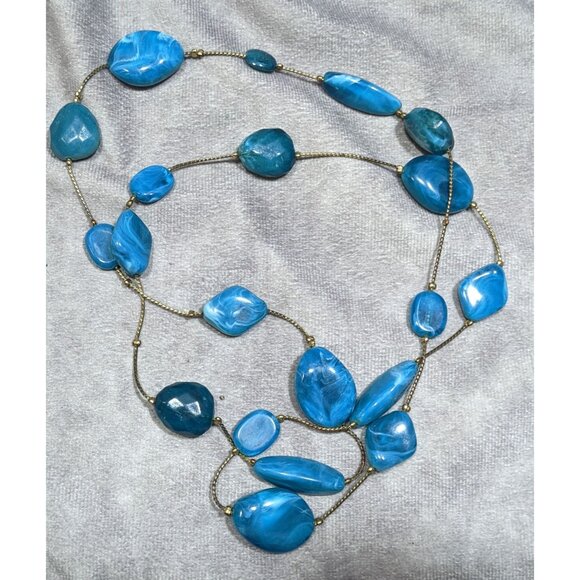 Swirly Blue Faux Stone Station Necklace On Gold Tone Chain - Picture 4 of 5
